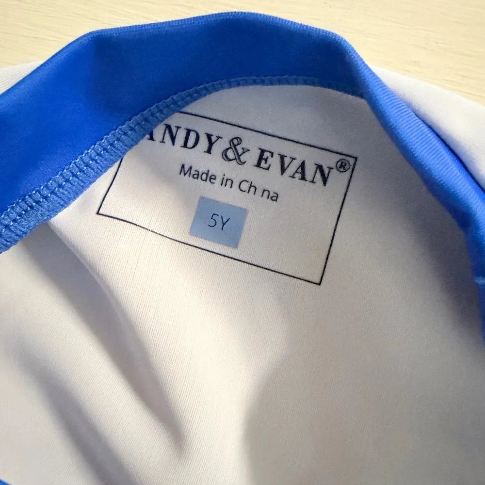 Andy & Evan Boys Shark Rash Guard Blue White Swim Shirt Size 5Y Nautical Summer